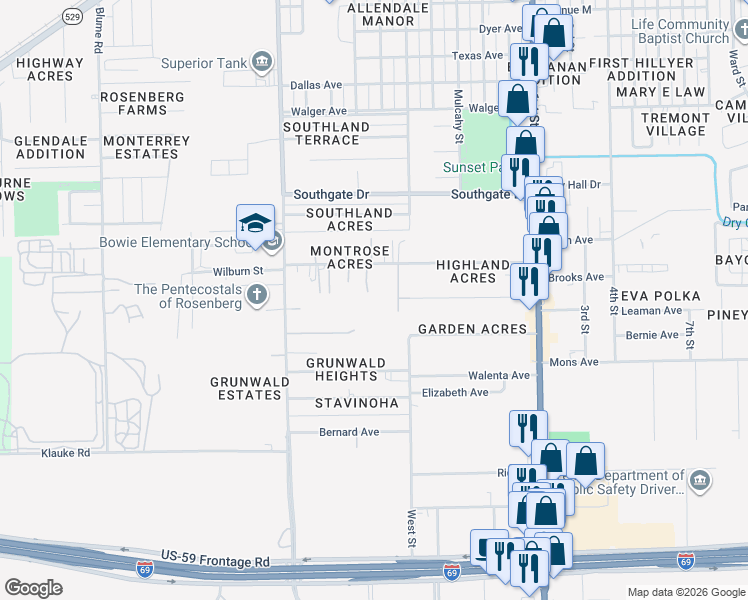 map of restaurants, bars, coffee shops, grocery stores, and more near 1126 Brooks Avenue in Rosenberg