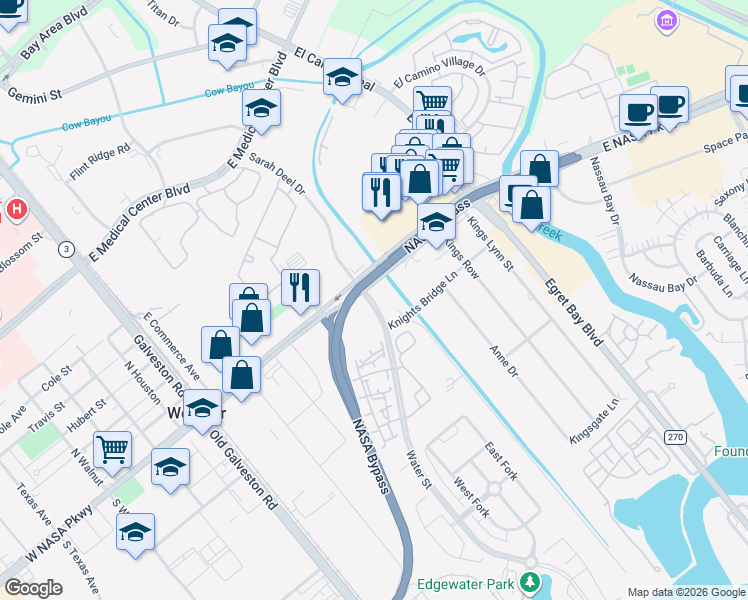 map of restaurants, bars, coffee shops, grocery stores, and more near 552 East Nasa Parkway in Webster