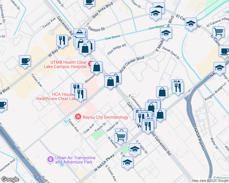 map of restaurants, bars, coffee shops, grocery stores, and more near 17371 Galveston Rd in Webster