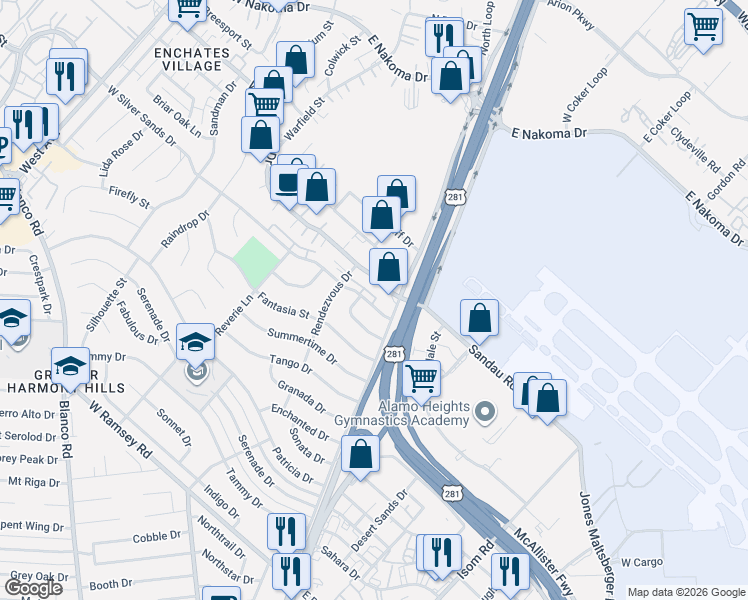 map of restaurants, bars, coffee shops, grocery stores, and more near 218 East Rhapsody Drive in San Antonio