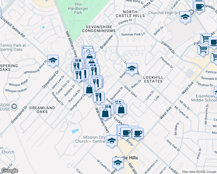 map of restaurants, bars, coffee shops, grocery stores, and more near 11219 Belair Drive in San Antonio