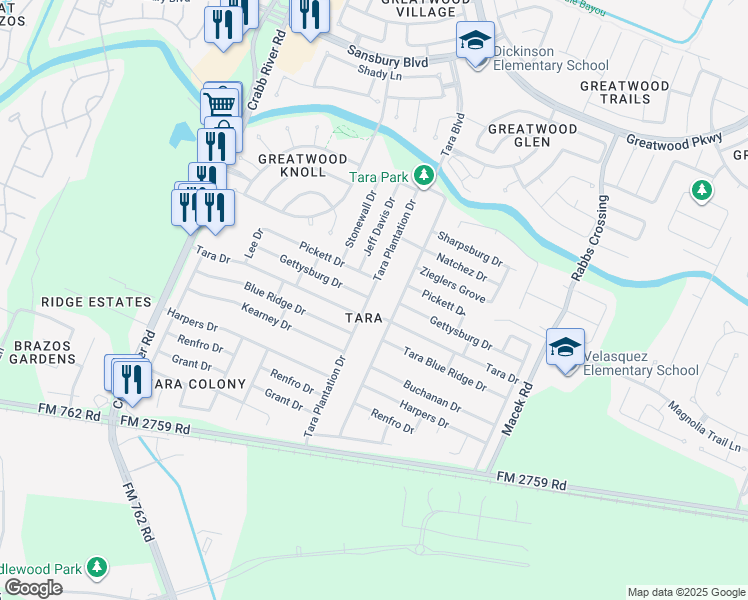 map of restaurants, bars, coffee shops, grocery stores, and more near 414 Tara Plantation Drive in Richmond