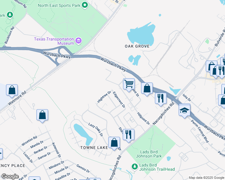 map of restaurants, bars, coffee shops, grocery stores, and more near 10834 Edgecrest in San Antonio