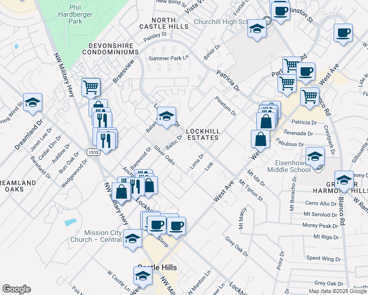 map of restaurants, bars, coffee shops, grocery stores, and more near 11207 Amhurst Drive in San Antonio