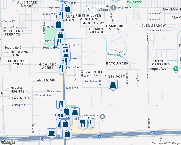map of restaurants, bars, coffee shops, grocery stores, and more near 2401 4th Street in Rosenberg