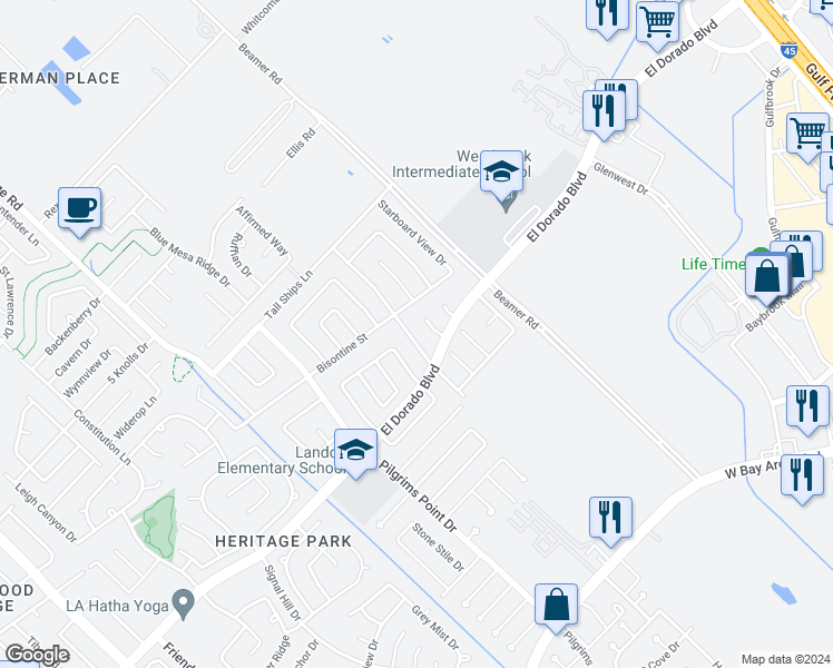map of restaurants, bars, coffee shops, grocery stores, and more near 16815 Manowar Lane in Friendswood