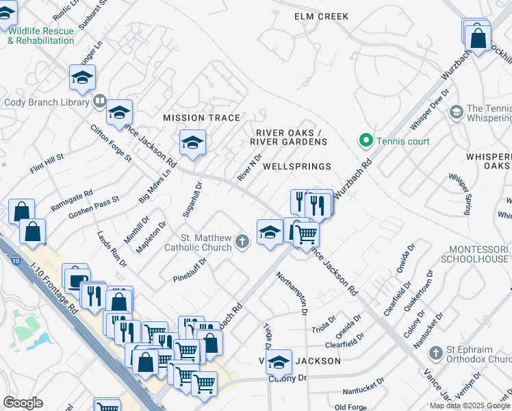 map of restaurants, bars, coffee shops, grocery stores, and more near in Shavano Park