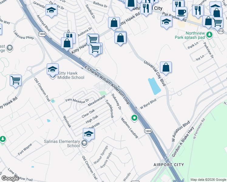 map of restaurants, bars, coffee shops, grocery stores, and more near 11514 Texas 1604 Loop in Universal City