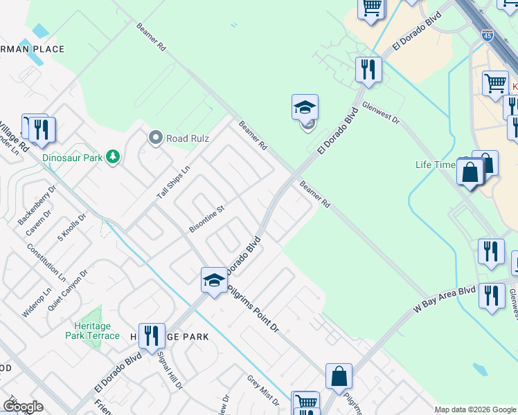 map of restaurants, bars, coffee shops, grocery stores, and more near 16811 Barkentine Lane in Friendswood