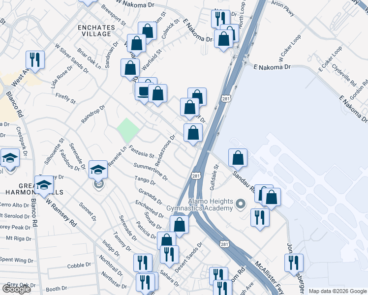 map of restaurants, bars, coffee shops, grocery stores, and more near 218 East Rhapsody Drive in San Antonio