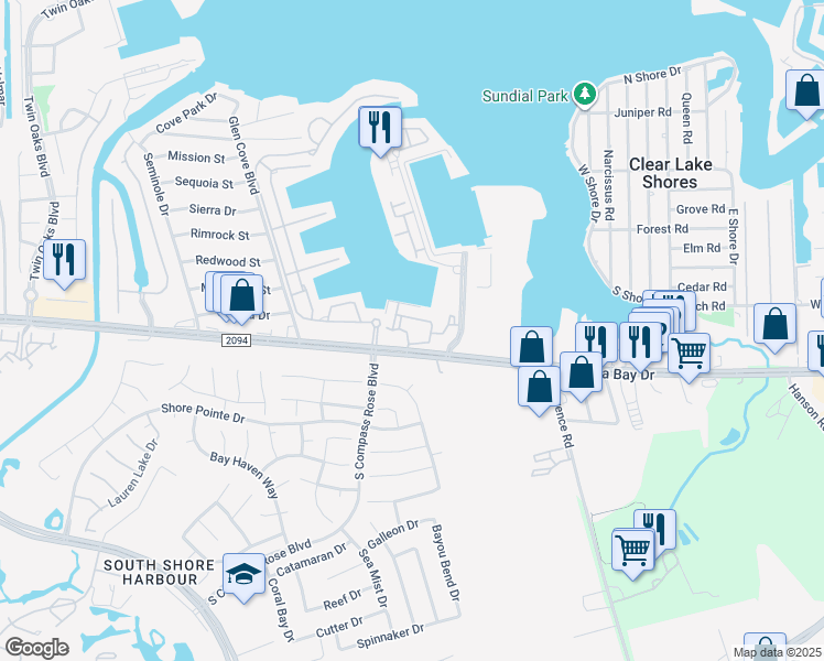 map of restaurants, bars, coffee shops, grocery stores, and more near 1420 Marina Bay Drive in Kemah