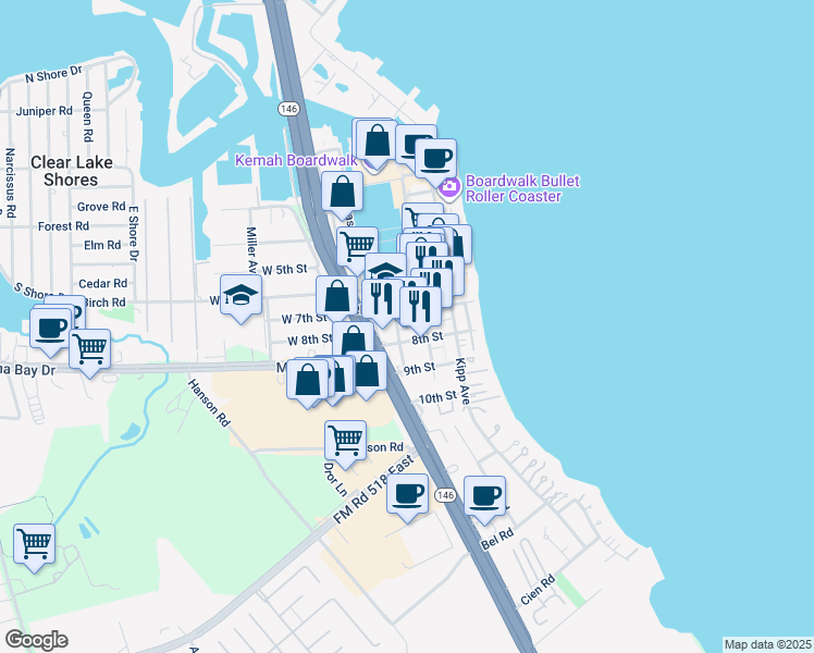 map of restaurants, bars, coffee shops, grocery stores, and more near 504 7th Street in Kemah
