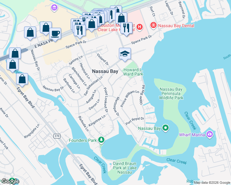 map of restaurants, bars, coffee shops, grocery stores, and more near 1614 Antigua Lane in Houston