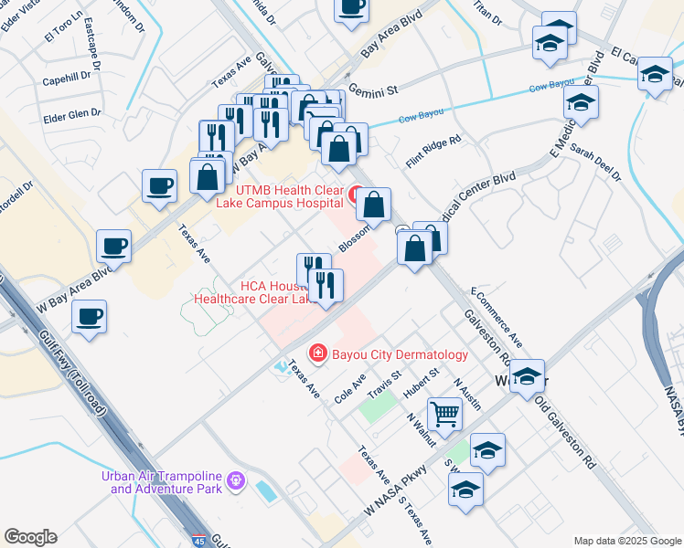 map of restaurants, bars, coffee shops, grocery stores, and more near 393 Blossom Street in Webster