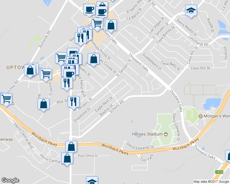 map of restaurants, bars, coffee shops, grocery stores, and more near 4419 Eagle Nest Drive in San Antonio