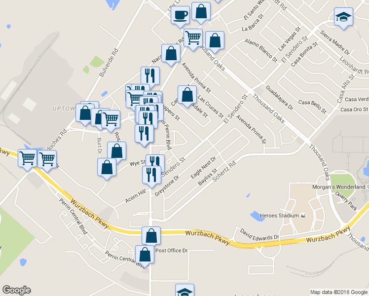 map of restaurants, bars, coffee shops, grocery stores, and more near 11246 Center Point Road in San Antonio