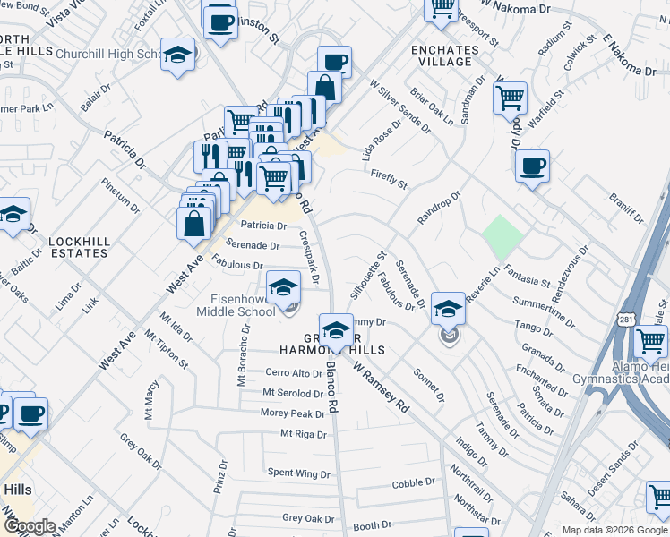 map of restaurants, bars, coffee shops, grocery stores, and more near 835 Fabulous Drive in San Antonio
