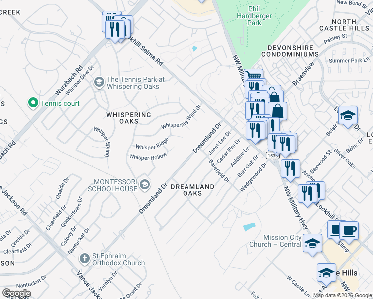map of restaurants, bars, coffee shops, grocery stores, and more near 11127 Dreamland Drive in San Antonio