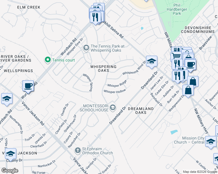 map of restaurants, bars, coffee shops, grocery stores, and more near 10915 Whisper Ridge in San Antonio