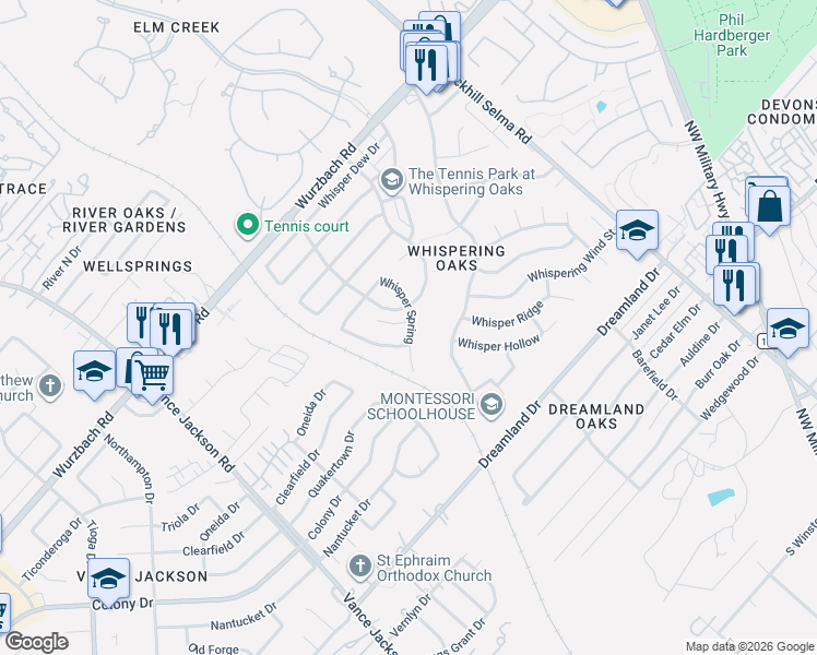 map of restaurants, bars, coffee shops, grocery stores, and more near 3003 Whisper Lark in San Antonio