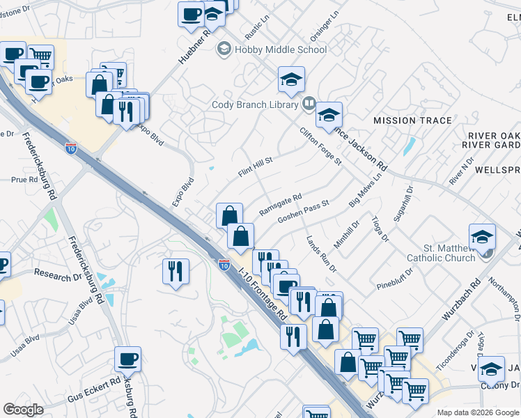 map of restaurants, bars, coffee shops, grocery stores, and more near 4303 Ramsgate Street in San Antonio