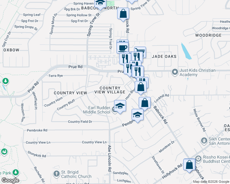 map of restaurants, bars, coffee shops, grocery stores, and more near 6411 Rambling Trail Drive in San Antonio