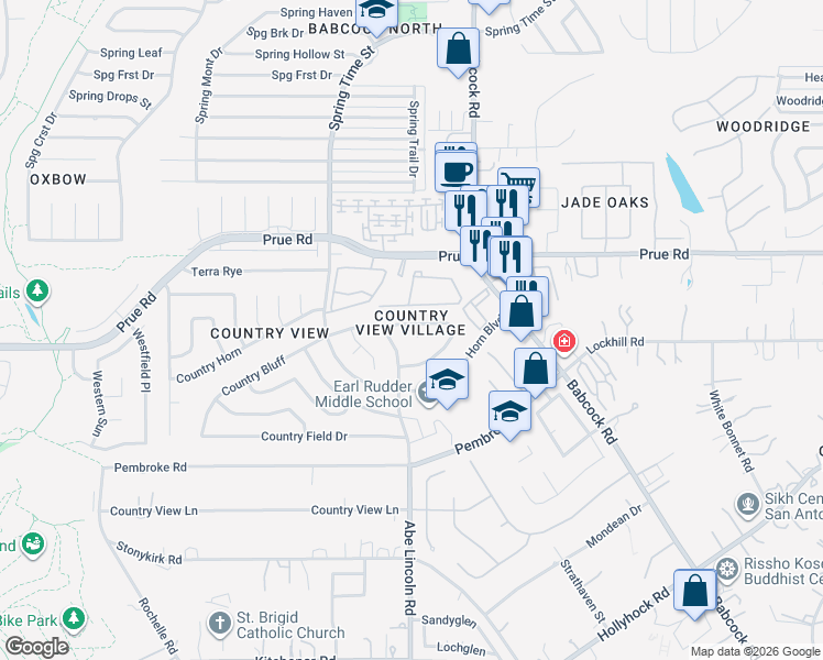 map of restaurants, bars, coffee shops, grocery stores, and more near 6507 Rambling Trail Drive in San Antonio