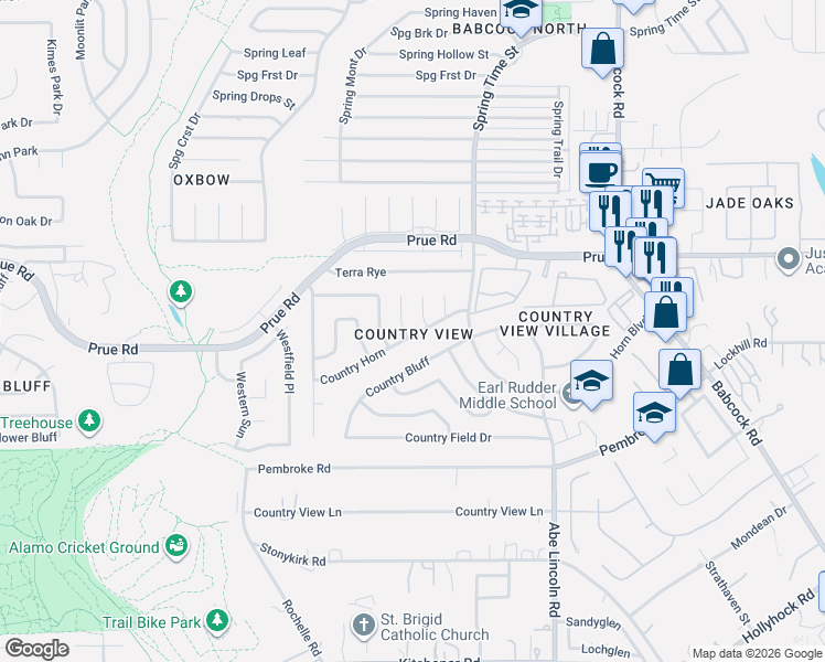 map of restaurants, bars, coffee shops, grocery stores, and more near 6818 Country Hill in San Antonio
