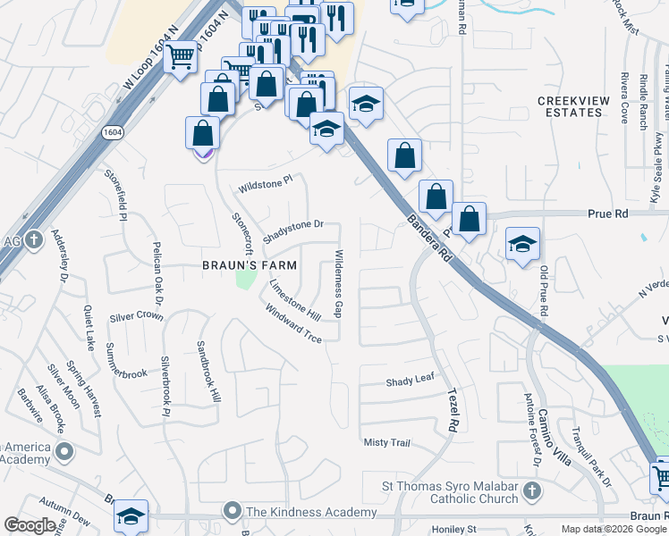 map of restaurants, bars, coffee shops, grocery stores, and more near 9115 Rosestone Place in San Antonio