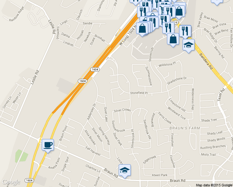 map of restaurants, bars, coffee shops, grocery stores, and more near 9603 Elmfield Place in San Antonio