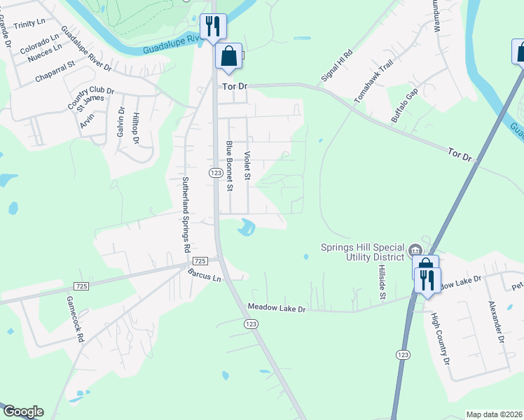 map of restaurants, bars, coffee shops, grocery stores, and more near 314 Springs Street in Seguin
