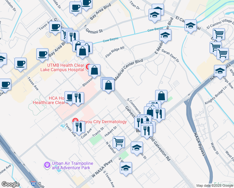map of restaurants, bars, coffee shops, grocery stores, and more near 17371 Galveston Road in Webster