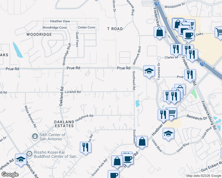map of restaurants, bars, coffee shops, grocery stores, and more near 5427 Lockhill Road in San Antonio