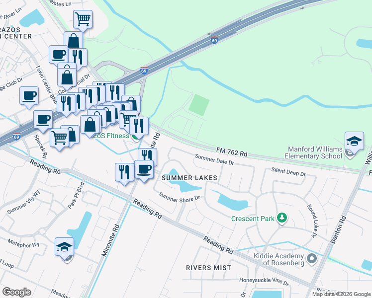 map of restaurants, bars, coffee shops, grocery stores, and more near 7535 Summer Dale Drive in Rosenberg