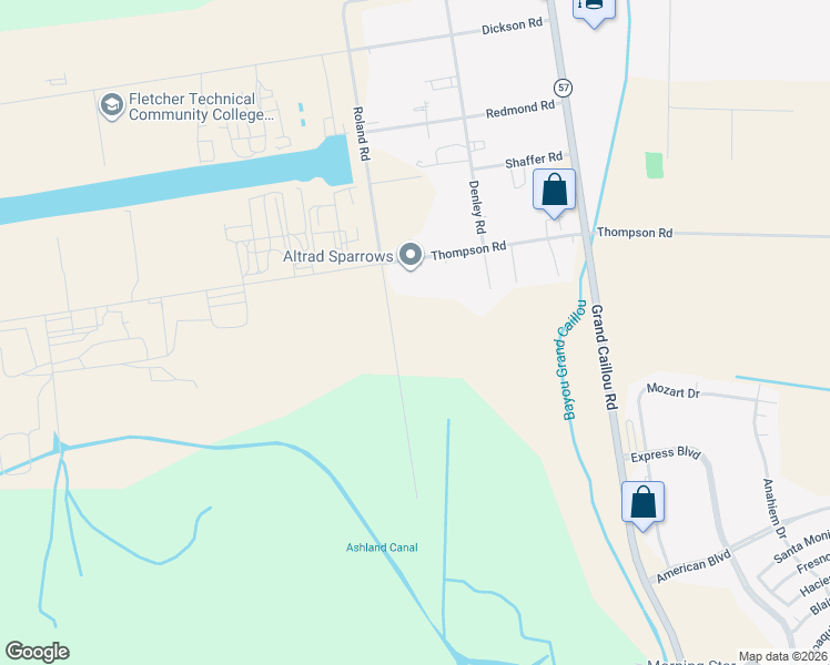 map of restaurants, bars, coffee shops, grocery stores, and more near 279 Thompson Road in Houma