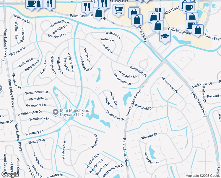 map of restaurants, bars, coffee shops, grocery stores, and more near 15 Village Circle in Palm Coast