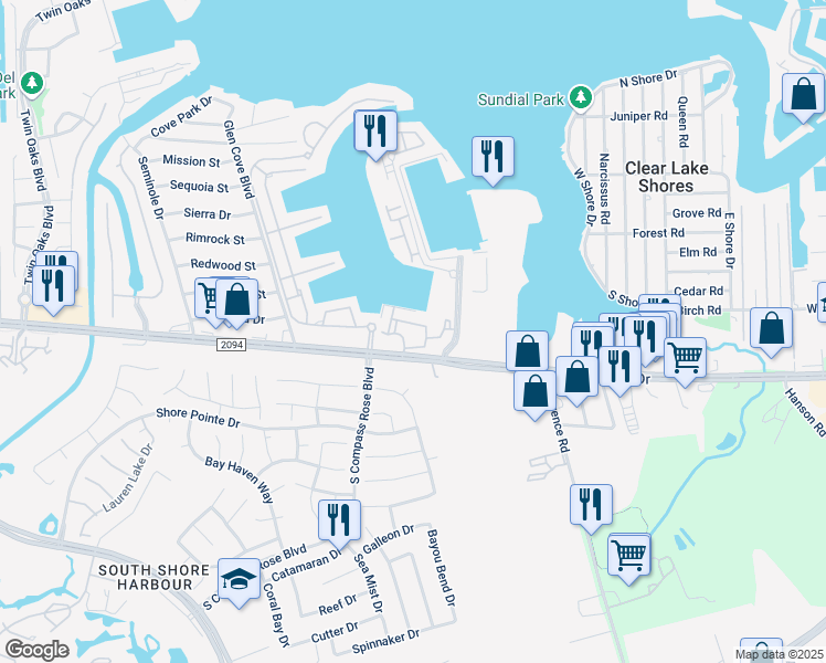 map of restaurants, bars, coffee shops, grocery stores, and more near 100 Admiralty Way in Kemah