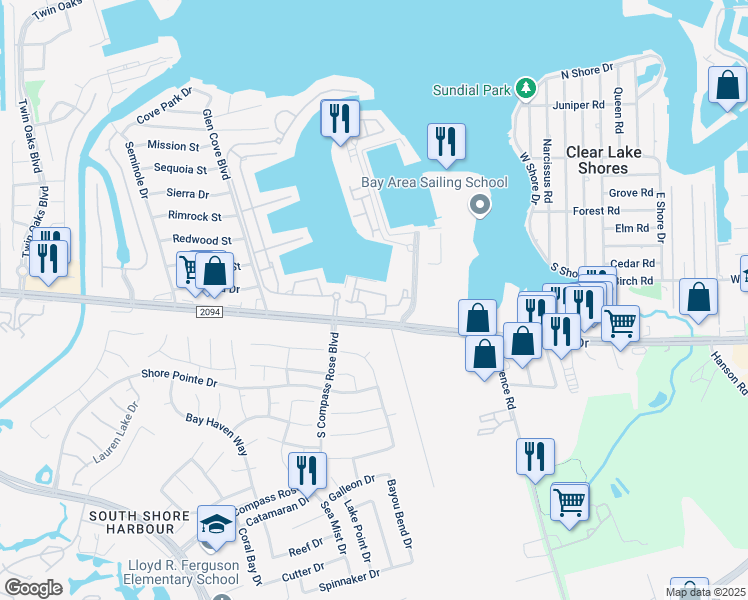 map of restaurants, bars, coffee shops, grocery stores, and more near 100 Admiralty Way in Kemah