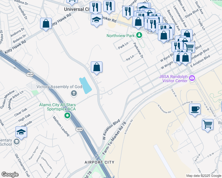 map of restaurants, bars, coffee shops, grocery stores, and more near 617-699 West Byrd Boulevard in Universal City