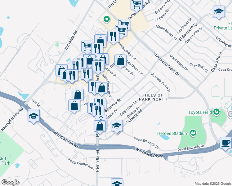 map of restaurants, bars, coffee shops, grocery stores, and more near 4423 Terra Summit Road in San Antonio