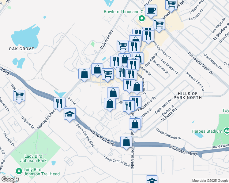 map of restaurants, bars, coffee shops, grocery stores, and more near 11300 Roszell Street in San Antonio
