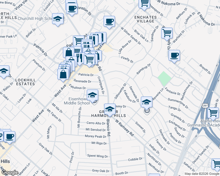 map of restaurants, bars, coffee shops, grocery stores, and more near 835 Fabulous Drive in San Antonio