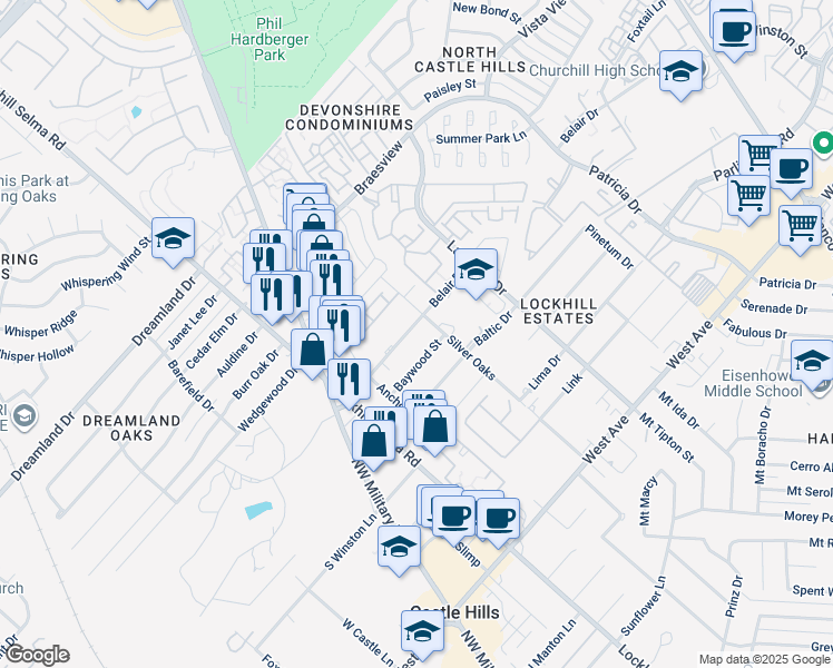 map of restaurants, bars, coffee shops, grocery stores, and more near 11219 Belair Drive in San Antonio