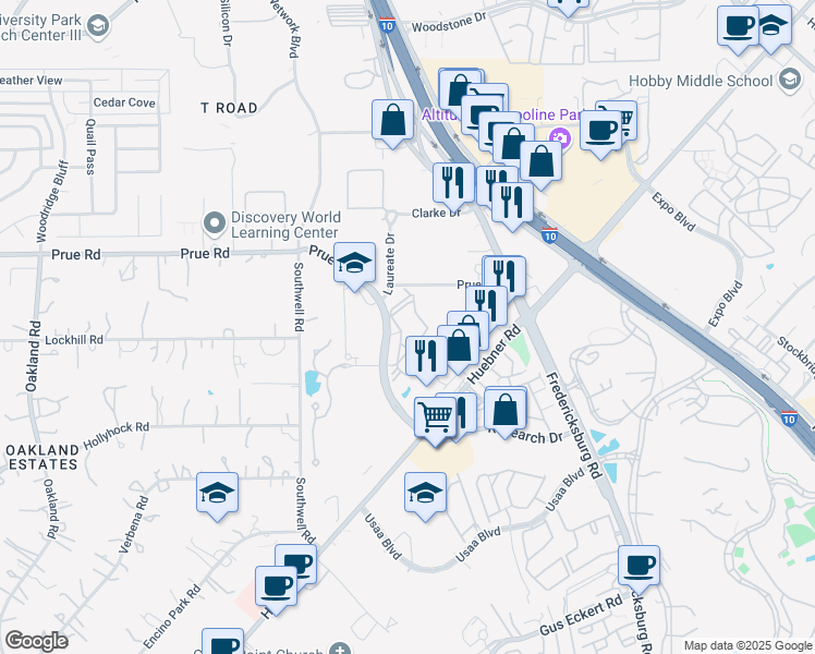 map of restaurants, bars, coffee shops, grocery stores, and more near 5503 Research Drive in San Antonio