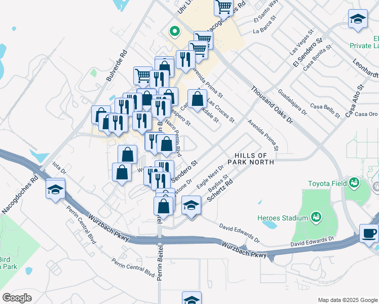 map of restaurants, bars, coffee shops, grocery stores, and more near 4423 Terra Summit Road in San Antonio
