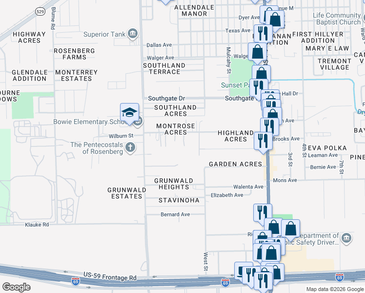 map of restaurants, bars, coffee shops, grocery stores, and more near 1126 Brooks Avenue in Rosenberg