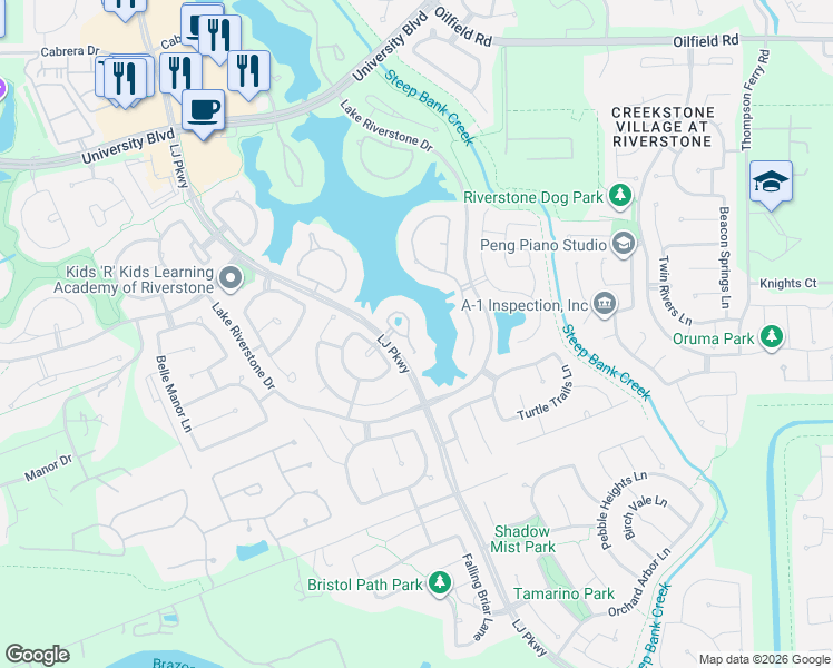 map of restaurants, bars, coffee shops, grocery stores, and more near 18 Ivy Bend Lane in Sugar Land
