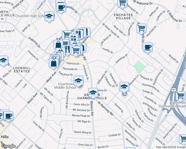 map of restaurants, bars, coffee shops, grocery stores, and more near 835 Fabulous Drive in San Antonio