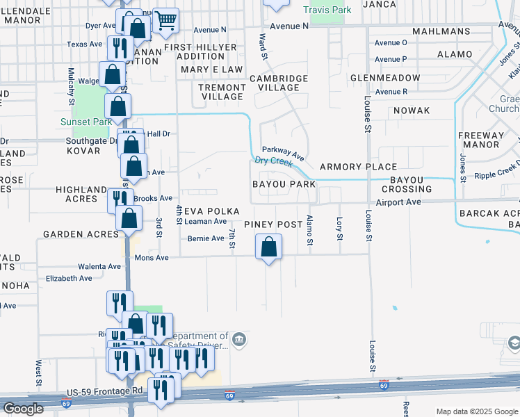 map of restaurants, bars, coffee shops, grocery stores, and more near 2500 Pecan Drive in Rosenberg