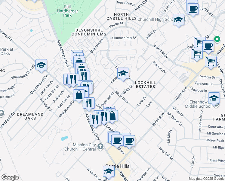 map of restaurants, bars, coffee shops, grocery stores, and more near 11219 Baywood Street in San Antonio